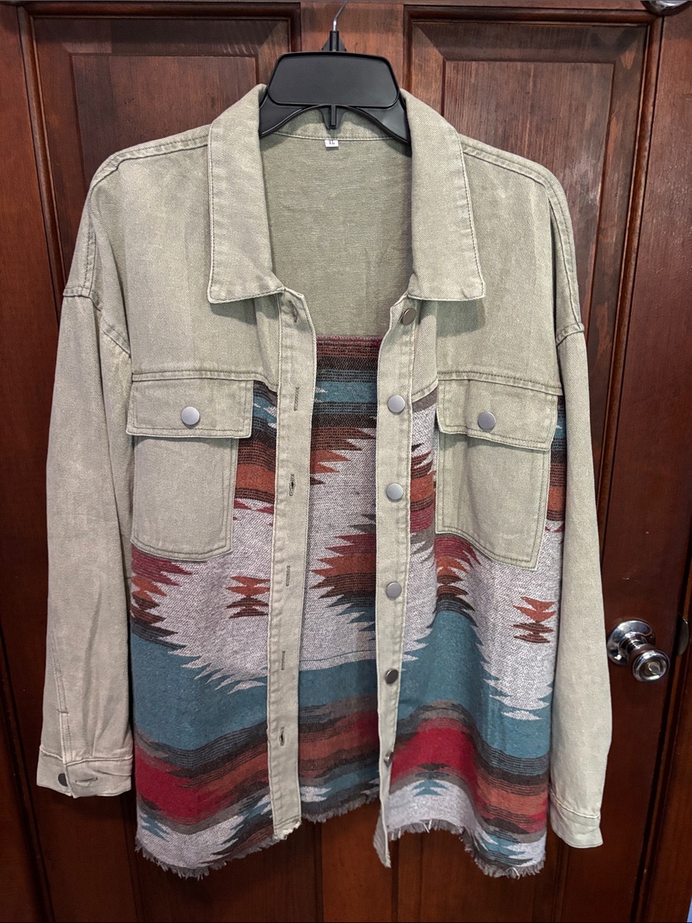 Women’s Olive Western-Pattern Button Jacket Shirt
